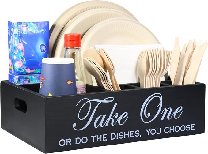 Paper Plate Holder Utensil Caddy Organizer - Rustic Wood Disposable Plate Dispenser with Handles for Cups, Forks, Spoons, Napkins and Silverware Holders (kong paper plate holder)