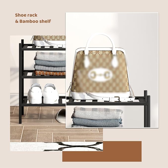 Bamboo Shoe Rack Stackable Shoe Shelf Storage Organizer for Unit Entryway Hallway and Closet Sturdy Freestanding Small Shoe Shelf(3S Tier Black)