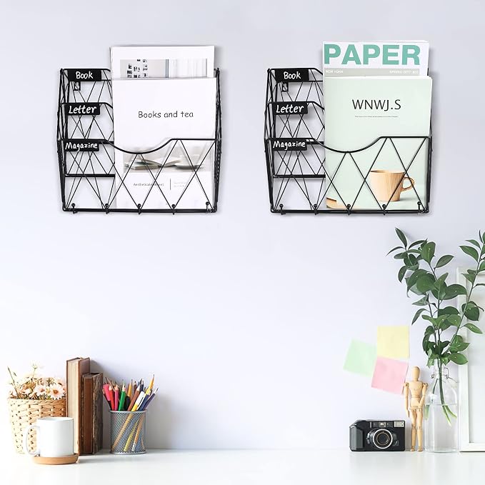 3 Tier Wall File Holder Organizer, Hanging File Organizer, Magazine Rack, Wall Mount Paper Folder Holder, with 5 Key Holder Hooks,Metal, Black