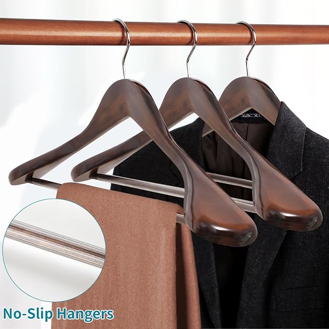 ABHENG Solid Wood Suit Hangers, 6 Pack, Coat Hangers with Non Slip Trouser Bar, 360° Swivel Hook, Heavy Duty Wide Hangers for Suit, Coat, Jacket, Trousers, Pants,17.3" W x 9" H, Dark Walnut AWY0406H