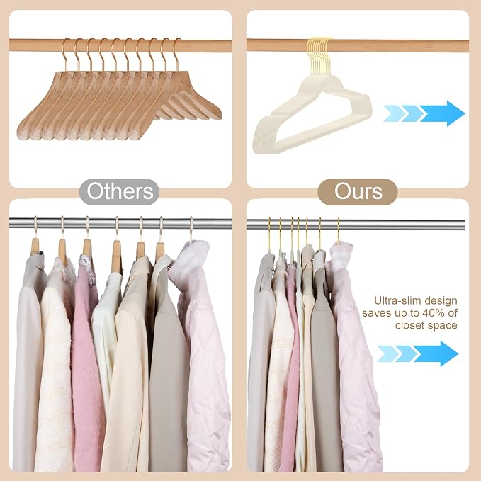 TIMMY 36-Pack Velvet Hangers with Gold Hooks - Space-Saving Non-Slip Heavy-Duty Clothes Hangers for Coats, Suits, Dresses, and Sweaters - Slim Design(Ivory+Gold)