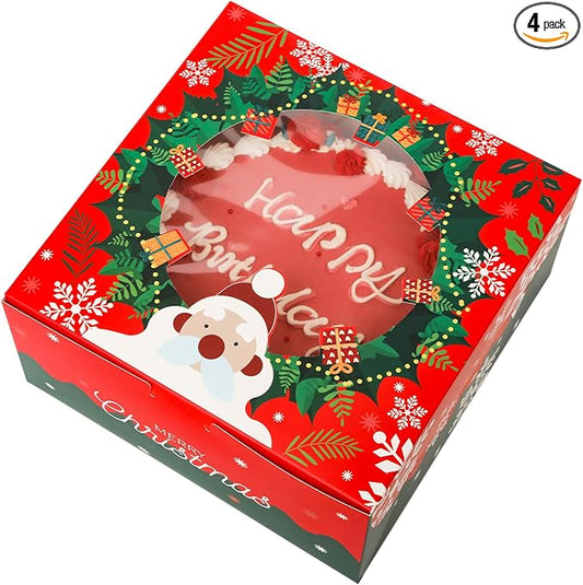 qiqee Christmas 10x10x5 inch Cake Box with Window Bakery Box 4pcs Pastry Box for Christmas's Day
