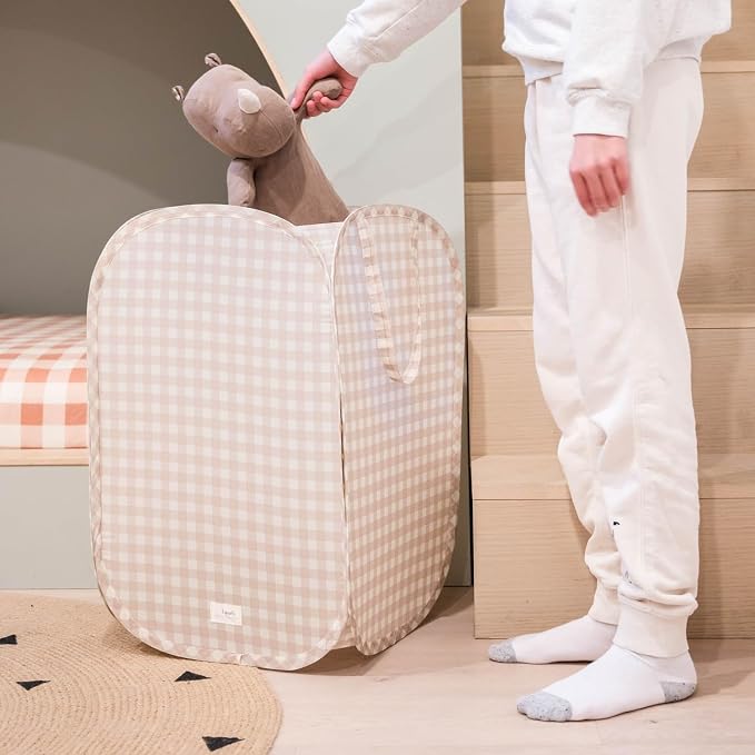 3 Sprouts Pop Up Hamper - Collapsible Laundry Basket, Popup & Foldable Design - Durable Waterproof Fabric for Dirty Clothes, Toys & Towels - Ideal for Dorm, Bedroom & Baby Nursery, Gingham Beige