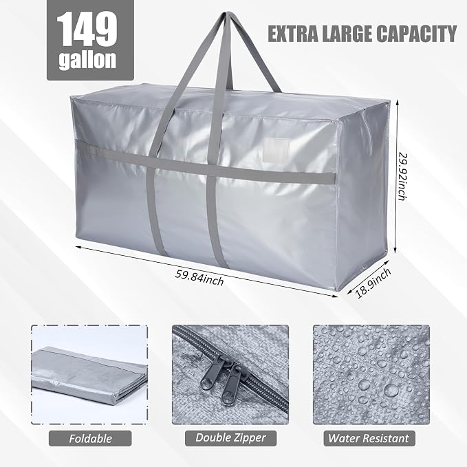 4 Pcs 149 Gallon Extra Large Moving Bags Heavy Duty Storage Bag with Strong Zipper Handle Foldable XXL Jumbo Storage Tote Packing Moving Box for College Dorm Travel Cloth Duffle (Silver)