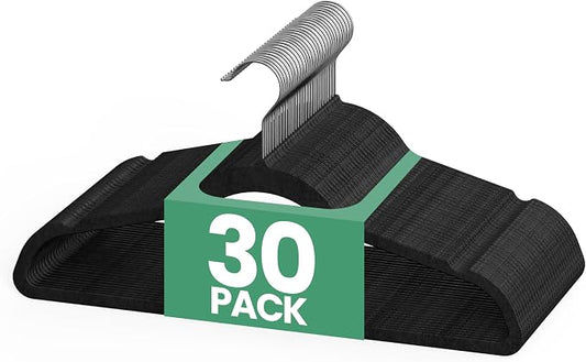 InfiniPower 30 Pack Velvet Hangers, Heavy Duty Non-Slip Clothes Hangers with Shoulder Notches, Coat Suit Hangers with 360° Swivel Hooks, Black