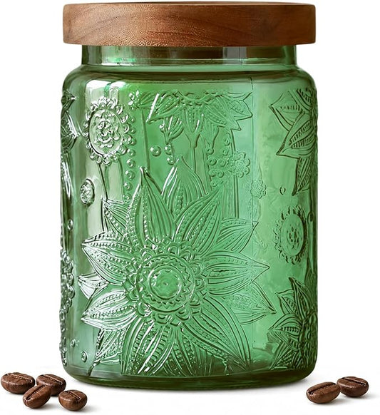 ANSQU Vintage 23.7oz Glass Storage Jar with Solid Wood Lid - Sunflower Embossed Airtight Canister for Coffee, Tea, Candy, Cookies, Bath Salts & More - Decorative Multi-Purpose Jar (Green, 1 Pack)