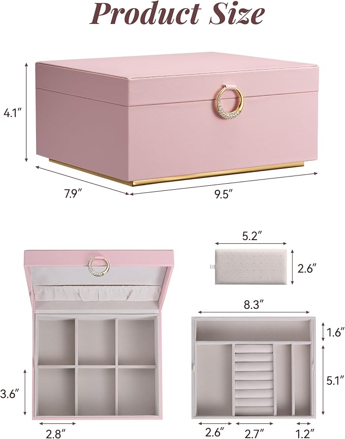 pickpiff 2 Layer Jewelry Box Organizer for Women, Jewelry Organizer with Handle & Removable Tray, Necklace Holder Ring Earring Storage, Velvet Lined Jewelry Case for Home or Travel, Gift Ready, Pink