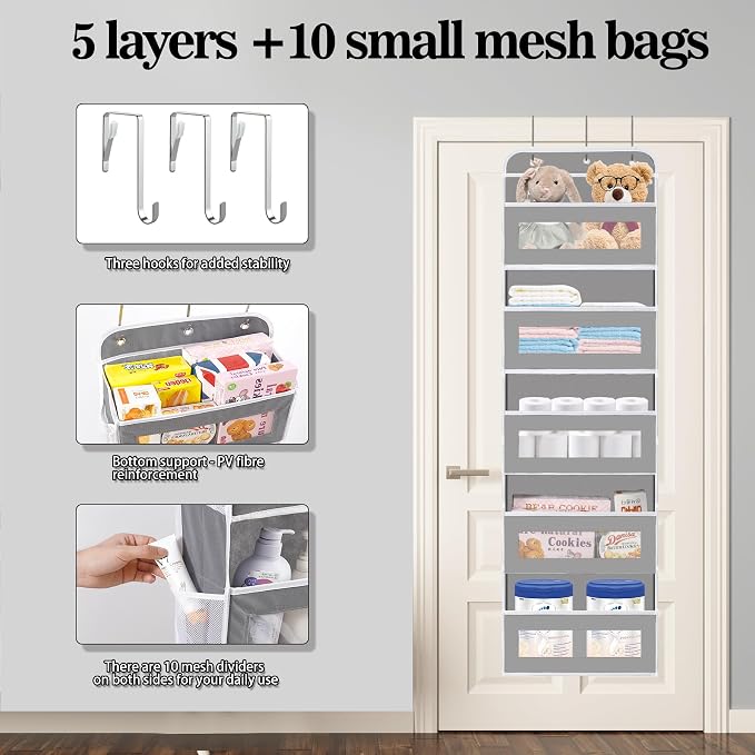 KYEVIS Over The Door Organizer, 5 Shelves Closet Door Hanging Organizer with 10 Mesh Pockets, Nursery Closet Organizer, Baby Essentials, Dorm Room Essentials for Girls