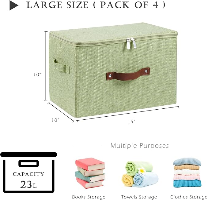 4 Pack Storage Bins with Zipper Lid Cotton Linen Fabric Lidded Storage Baskets Boxes Foldable Washable Closet Shelf Clothes Organizer Container with PU Leather Handles (Green, Large)