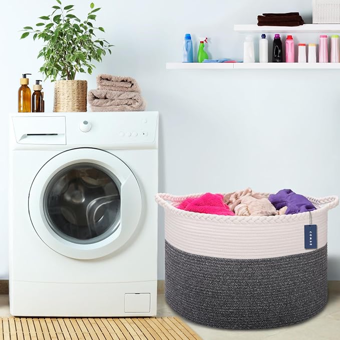 COMSE Extra Large Blanket Basket, Woven Laundry Basket, 21.7”x 13.8”, Nursery Hamper, Cotton Rope Laundry Hamper Living Room for Storage Toys Clothes Towels (White & Black)