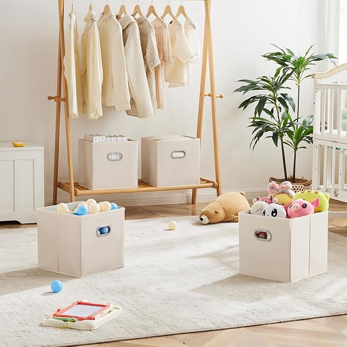 MAX Houser 6 Pack Foldable Fabric Storage Bins with Handles - Ideal for Closet Organization, Bedroom （Beige,12"x12"x12"）