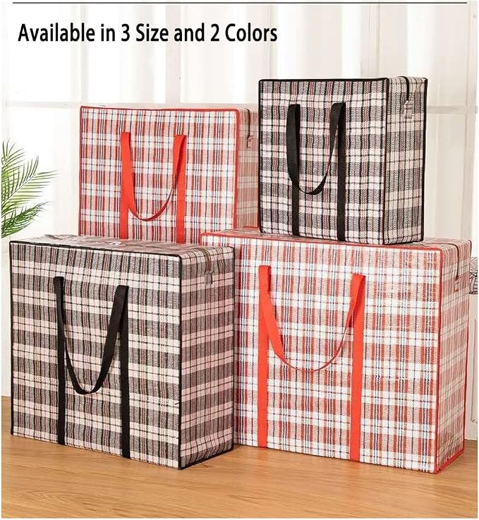 Heavy Duty Extra Large Moving Bags, 168L Oversize Organizer Storage Bags With Durable Zippers for Clothes Comforter Pillow, Waterproof Totes for Carrying Camping Bedding (Set of 4) - Red Checkered