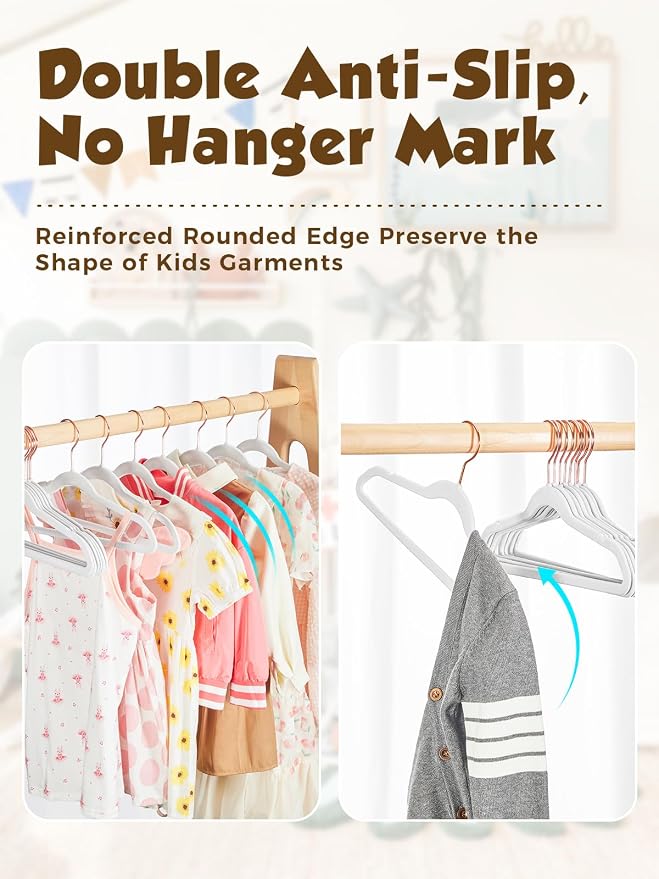 Smartor Kids Velvet Hangers 50 Pack, 14 Inch Premium Non Slip Kids Felt Hangers for Closet, Space Saving Toddler Clothes Hanger for Youth's Childrens' Clothes (Rose Gold Hook)- White