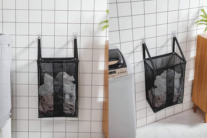 ALYER Wall Hanging Mesh Laundry Hamper,Poolside Toy Storage Baskets with Big Metal Support Opening,Hardware Included (Black)