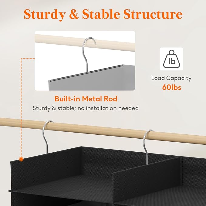 Lifewit Dual-Row Shelf Hanging Closet Organizer and Storage, Clothes Shelves with 3 Sturdy Hooks for Clothing Organization, Foldable Container Hold Up to 36 Sweaters, 6 Tier 12 Sections, Black