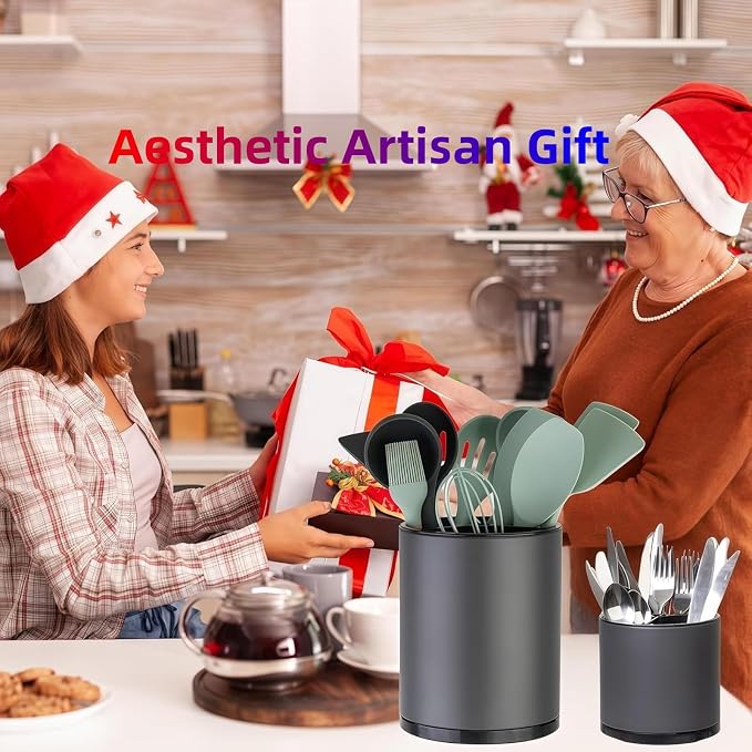 LIBODOUR Kitchen Utensil Holder Extra Large Rotating For Counter Organizer Stainless Steel Storage Cooking Silverware Caddy 3 Compartment Flatware Spoon Spatula Tool Cutlery Container（2 Set Grey）
