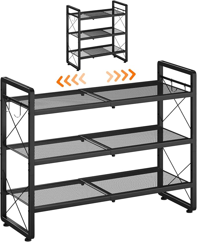 ELYKEN Shoe Rack, 3-Tier Expandable Shoe Organizer for Closet, Metal Black Shoe Shelf with 4 Hooks, Adjustable Shoe Stand Holder for Entryway, Garage, Door Entrance