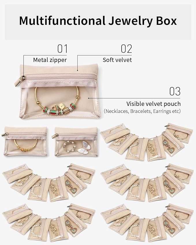 VLANDO Jewelry Travel Case,Travel Jewelry Organizer with Clear Velvet Jewelry Bags Zipper Pouch for Women Girl Gift 33Pcs