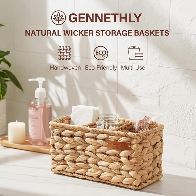 Water Hyacinth Wicker Baskets for Storage, Handwoven Rattan Shelf Basket with 3 Divided Compartments for Organizing Pantry Closet Wardrobe, 100% Natural Decorative Woven Organizer Bin, 2 Pack