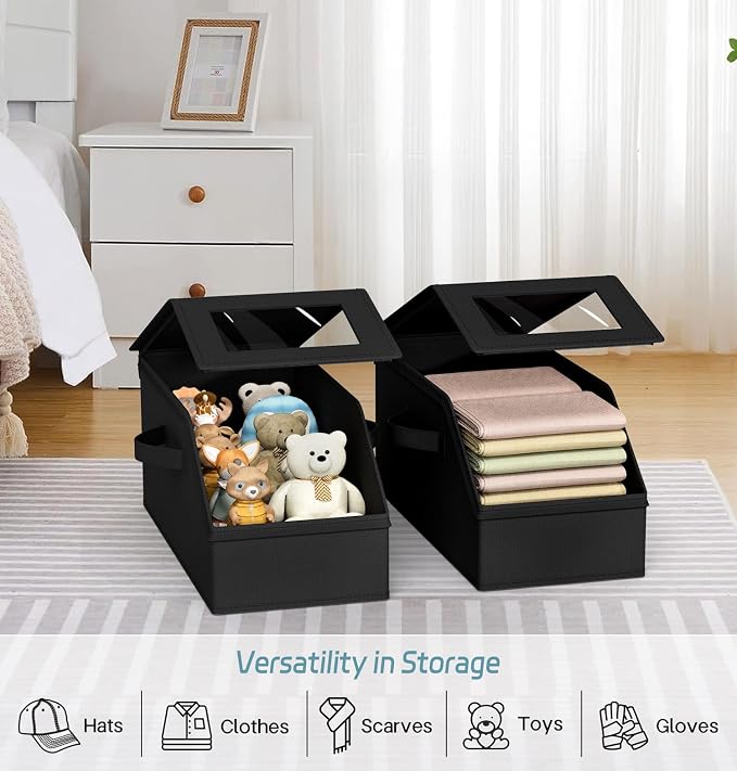 AOODA 2 PCS Stackable Hat Storage for Baseball Caps, Holds up to 24 Caps Hat Organizer for Closet, Sturdy Snapback Boxes for Men with Cardboard (Pure Black)
