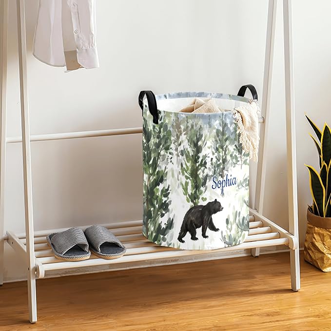 Laundry Basket Forest Bear Custom Name Laundry Bag Hamper Collapsible Oxford Cloth Home Storage Bin with Handles