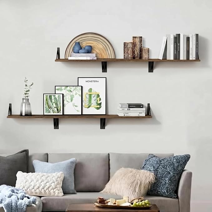 Forbena Rustic Floating Book Shelves for Wall Set of 3, 17 Inch Wood Wall Bookshelf for Bedroom, Wooden Wall Mounted Hanging Shelf for Office Living Room Bathroom Decor Pictures Books (Dark Brown)