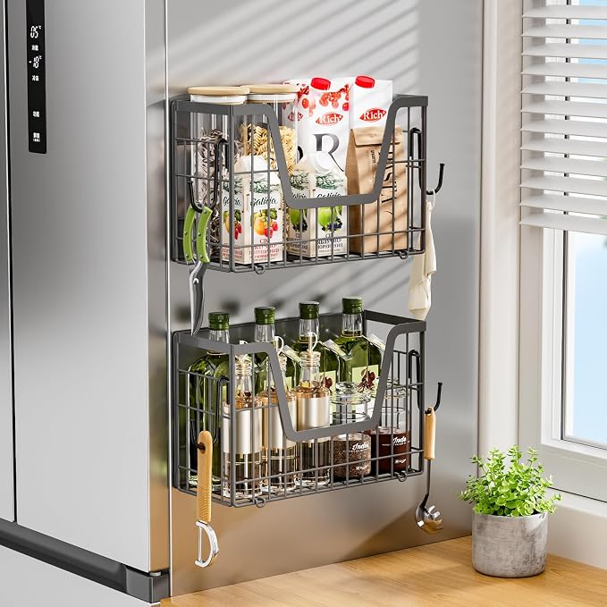 Grey Magnetic Shelf for Fridge, 2 Set Potato and Onion Storage Bins, Magnetic Fruit Basket for Fridge Pantry Organizers & Storage, Magnetic Spice Rack for Refrigerator Kitchen Counter Cabinet