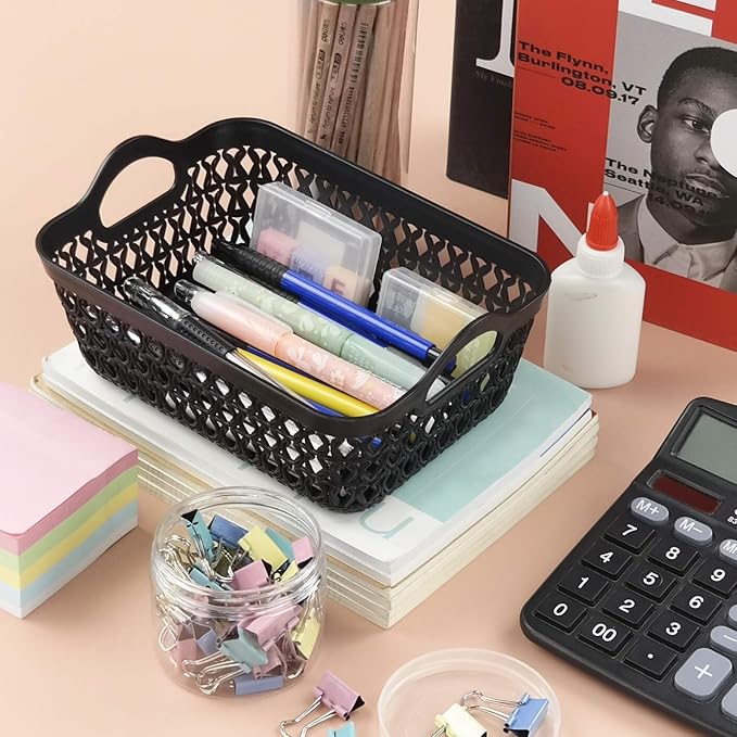 12-Pack Mini Plastic Storage Basket Trays with Handle, Black