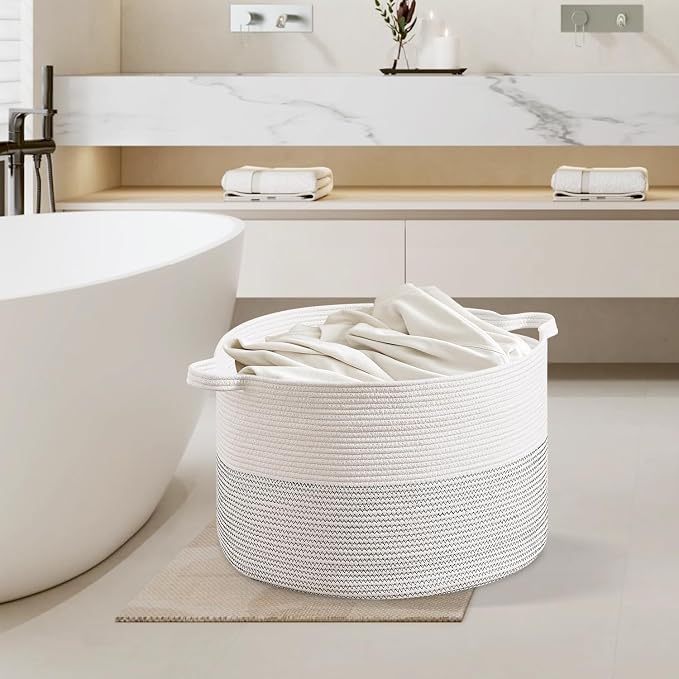 CLHMILY&Z Large Woven Storage Basket - 22x14.2 Inches - Modern Nursery Bin, Round Baby Toy Organizer, Soft Cotton Hamper for Home Decor, Multi-Purpose Home Tidy Solution