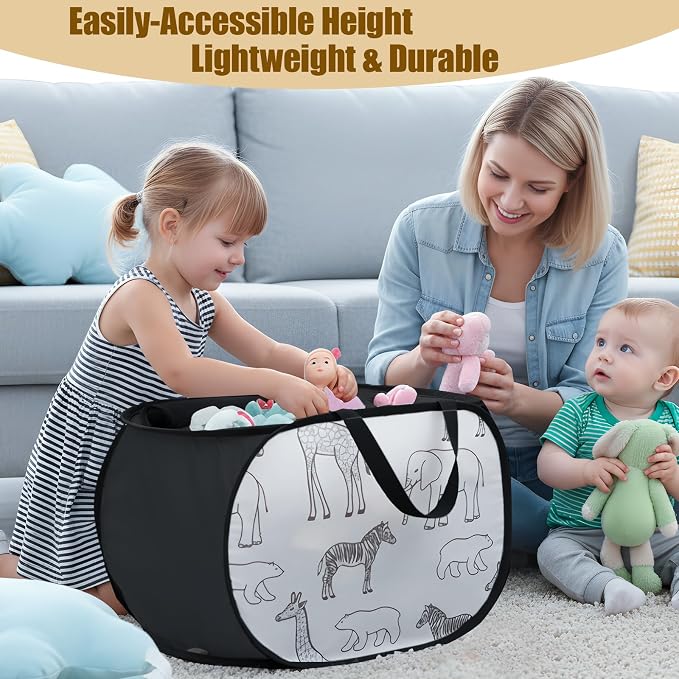 Stuffed Animal Storage Basket with Zipper Lid - Collapsible Toy Basket with Handles - Foldable, Lightweight Sturdy Fabric Animal Print Toy Basket Bin for Kids Room, Nursery, Playroom, Bedroom, Black