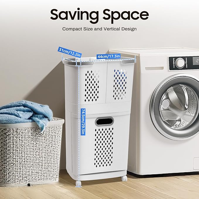 2 Tier Rolling Laundry Hamper Sorter Removable Clothes Hamper Organizer with Wheels White Portable Storage Baskets for Bedroom Laundry Room Bathroom