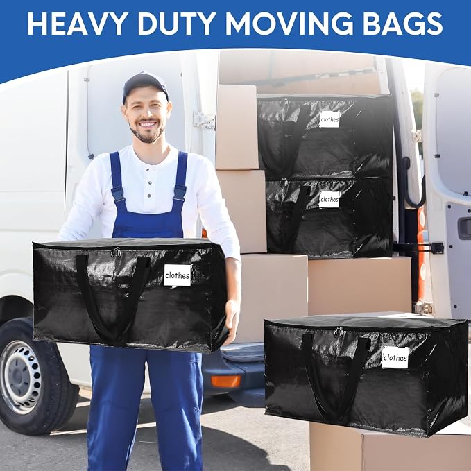2-Pack Extra-Large Heavy-Duty Storage Totes with Reinforced Handles, Durable Zippers & Waterproof Material — Perfect for Space-Saving, Moving, Shipping and Travel (Black)