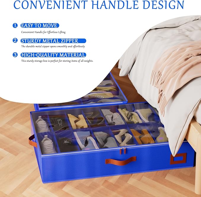 homyfort Under Bed Shoe Storage Organizer, Underbed Shoes Storage Containers, set of 2, fits up to 32 Pairs of Shoes (Blue)