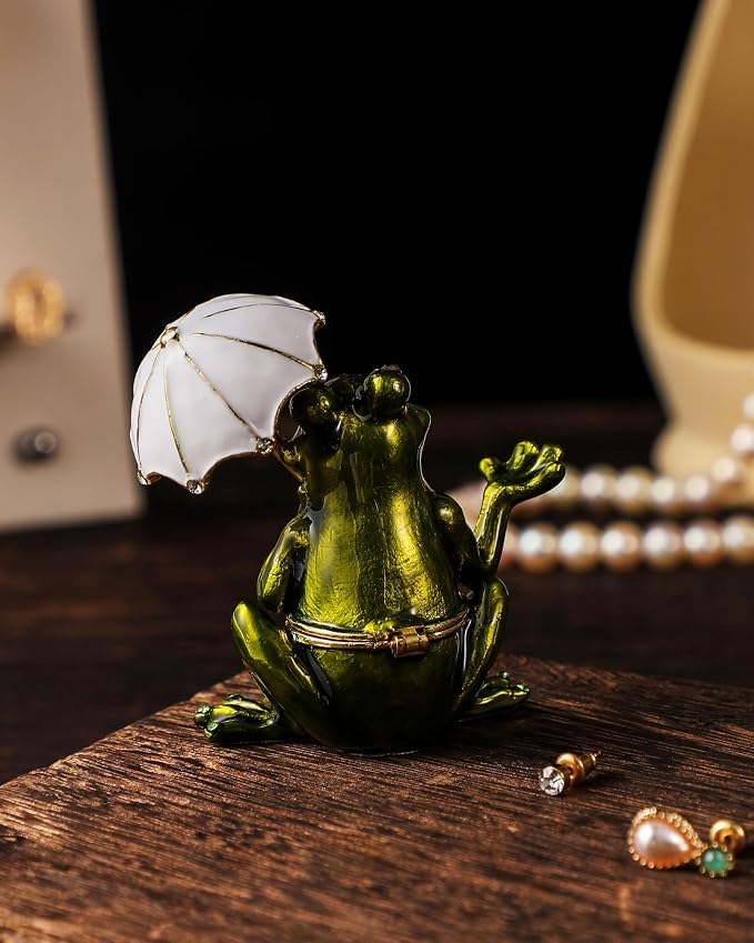 Hand Painted Trinket Box Enamel Vintage Jewelry Box Hinged Metal Jewelry Organizer Decorative Treasure Box Unique Gifts Umbrella Frog