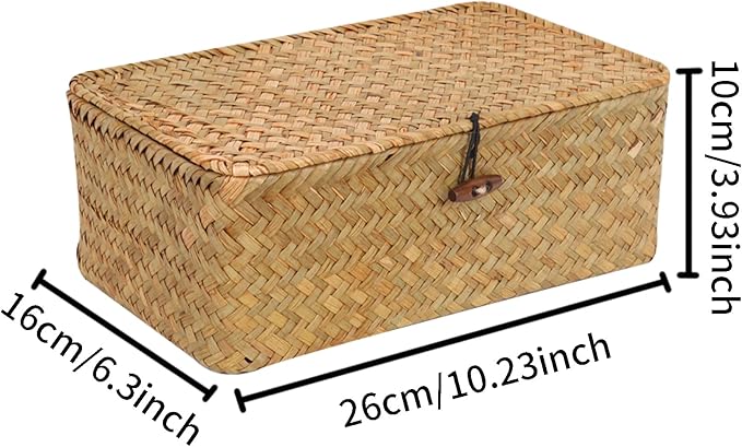 FEIALNDUO Wicker Shelf Baskets with Lid,Seagrass Storage Basket Bins Rectangular Handwoven Basket Boxes for Shelves Desktop Home Organizer (Natural, Small)