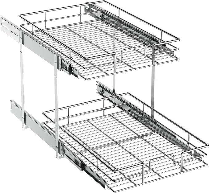 ROOMTEC Pull Out Cabinet Organizer (13½"W x 21½"D),2 Tier Pull Out Storage Shelf Drawer Basket,Sliding Shelves for Base Cabinet Organization in Kitchen, Bathroom, Pantry