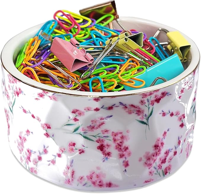 Paper Clip Holder Ceramic Paper Clip Holders Floral Paperclips Holder Dispenser Cute Gold Line Paper Clip Organizer for Desk Binder Clip Holder Bobby Pin Hair Clip Holder Gift for Office Pink Flowers