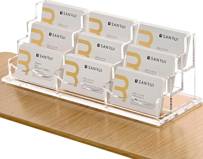 SANRUI Clear Horizontal Business Card Holder Stand for Desk, Acrylic Desktop Display Name Cards Holders Organizer Storage Rack,for Exhibition, Home, Office,3 Tier 9 Pocket, 540 Card Capacity