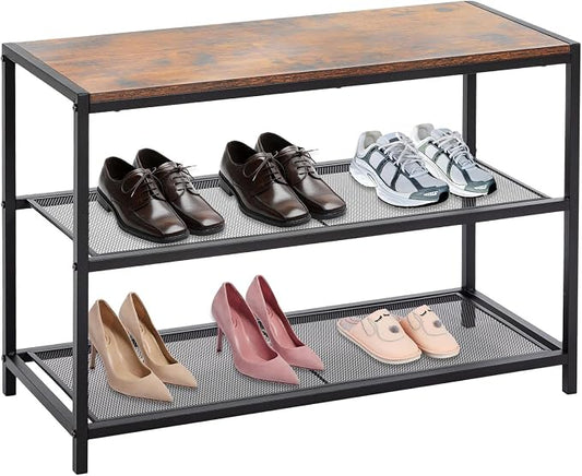 DUMOS 3-Tier Shoe Bench with Storage, Entryway, Mesh Shelves, Rustic Brown | Industrial style, 220 lb seating capacity, stores boots & sneakers, fits entryways & hallways