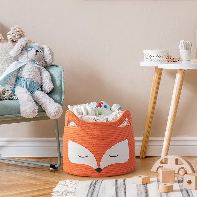 Fox Decor Basket, Nursery Basket for Baby Clothes, Toys, Laundry, Blanket, Cute Animal Storage Box, Large Woven Gift for Kids, Baby Showers-15.7"L x 11.8"H, Orange