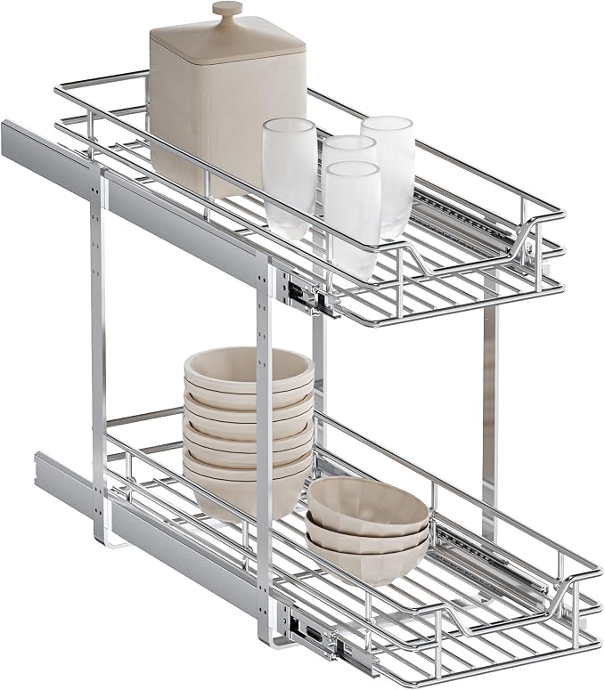 2-Tier Pull Out Cabinet Organizer, 10.5" W x 21.5" D, Heavy Duty Dual Slide Out Shelves for Narrow Base Cabinets, Chrome Wire Basket Drawer for Spices, Bottles & Snacks