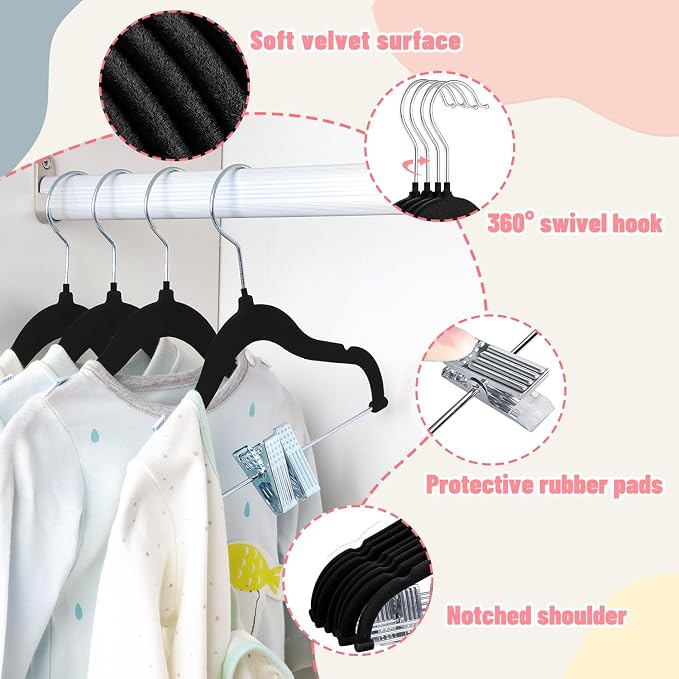 ManGotree 11.8'' Baby Velvet Hangers with Movable Clips, Non-Slip Kids Felt Hangers, Ultra-Thin Space-Saving Children's Clothes Hangers for Skirts, Pants, Dresses, Shirts, Jackets (28 Pack, Black)
