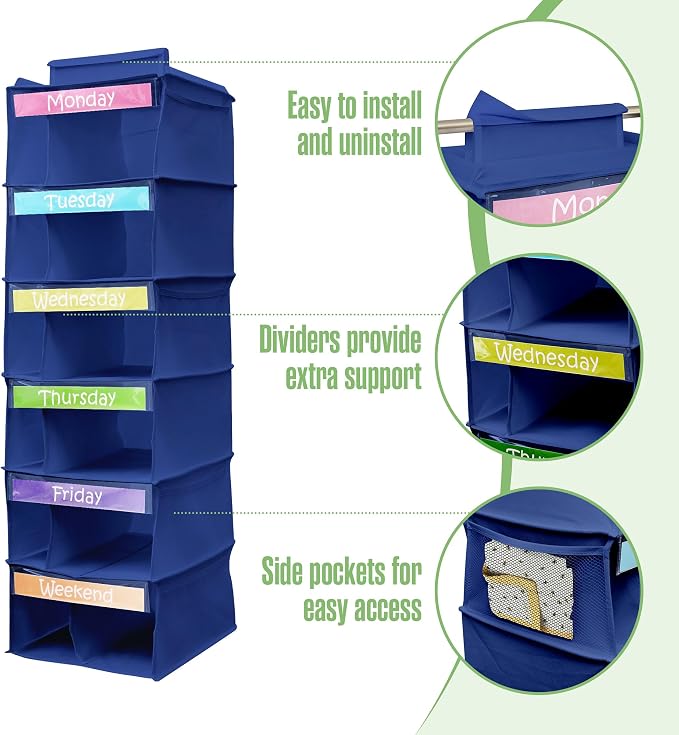 Kids Clothes Organizer, Closet Daily Outfit Storage, Hanging, 6 Shelf Blue | Houseables Weekly Clothes Organizer for Kids, Monday through Friday Clothing Planner, Day of the Week, Weekday, School