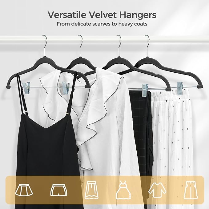 HOUSE DAY Velvet Hangers with Adjustable Clips 30 Pack, Non-Slip Suit Organizer with 360° Hook - Heavy Duty Hanger for Pants, Skirts, Blouses, Dresses - Outfit Hangers All-Season Space Saver (Black)