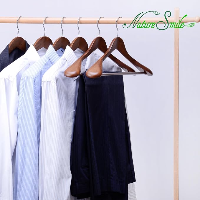 Nature Smile Luxury Wooden Suit Hangers 12 Pack Wood Coat Hangers Jacket Outerwear Shirt Hangers,with Extra-Wide Shoulder, 360 Degree Swivel Hooks & Anti-Slip Bar with Screw(Retro Color)