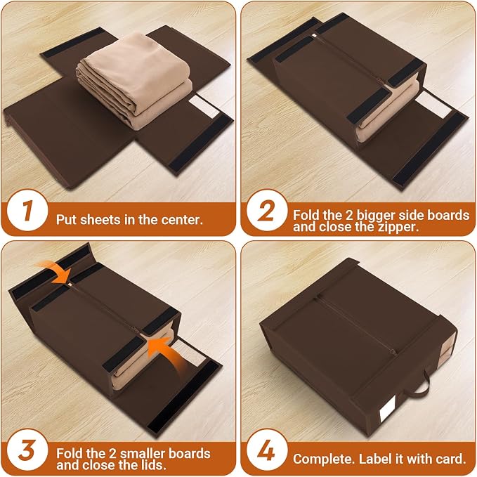 StorageTastic 6 Pack Bed Sheet Closet Organizers and Storage,Sturdy Foldable Storage Containers with Window and Label,Storage and Organization for Bedding Sheets,Duvet Covers,Blankets (Brown)