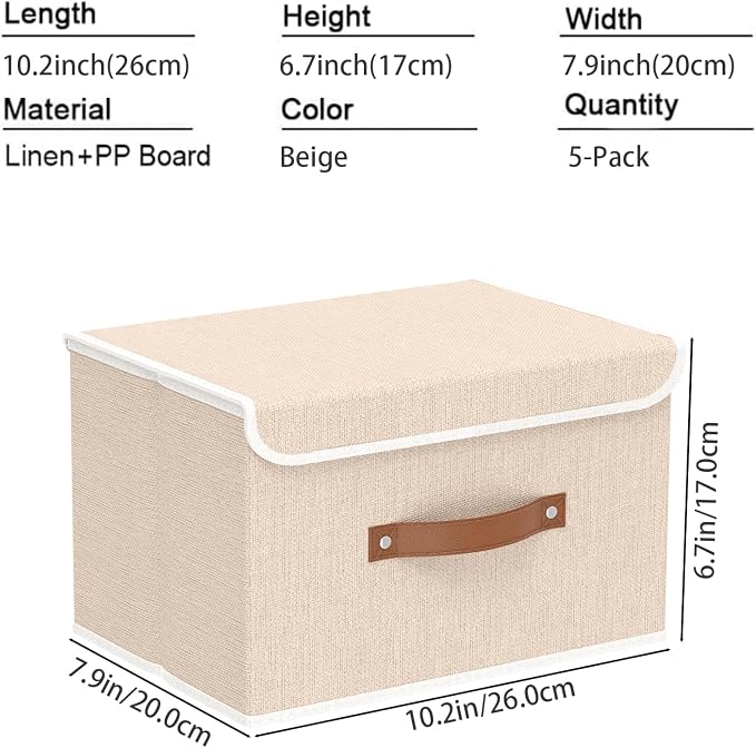 Yawinhe Collapsible Storage Boxes, Stackable Linen Fabric Baskets, Bin with lid and Leather Handle, Washable, for Home, Closet, Beige, 10.2x7.9x6.7 In, 5-Pack, SNK024BEN-5