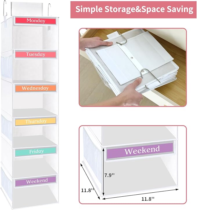 Fixwal Weekly Kids Clothes Organizer 6-Shelf Hanging Closet Storage White