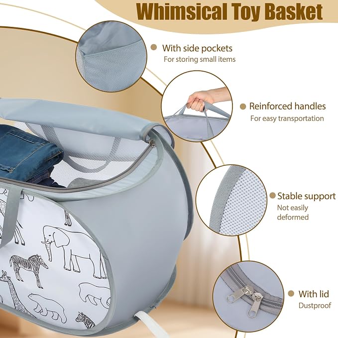 Foldable Toy Storage Basket with Zipper Lid & Handles- Animal Print, Gray | Collapsible Stuffed Animal Organizer Bin, Lightweight Toy Chest, Space-Saving, Sturdy, for Kids Room, Playroom, Living Room