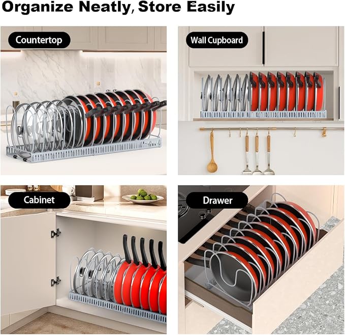 Housolution Pot and Pan Organizer Rack for Cabinet, Upgraded Expandable Pot Lid Organizer with 14 Adjustable Dividers, Pan Holder Storage Rack for Kitchen Cabinet, Grey